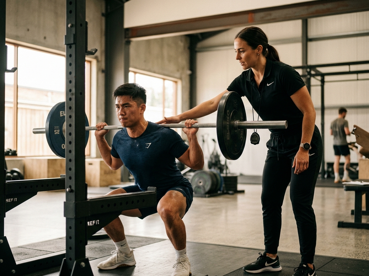 Personal trainer coaching member at gym